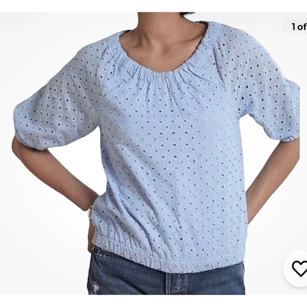 Evereve Light Blue Eyelet Puff Sleeve Blouse Elastic Hem Scoop Neck XL